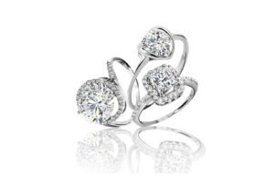 Three white gold custom engagement ring in different diamond cuts