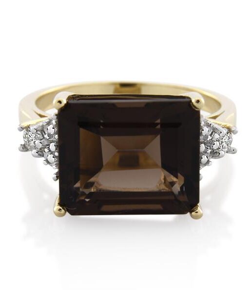 9CT Yellow Gold Diamond & Smoky Quartz Ladies Ring - Monty Adams