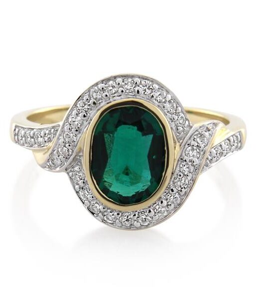 9CT Yellow Gold 0.25ct Diamond & Created Emerald Ladies Ring - Monty Adams