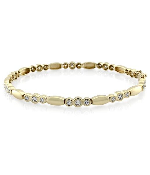 Yellow gold diamond bracelet designed with three rows of yellow gold plated small diamonds alternate with gold oval shaped charm