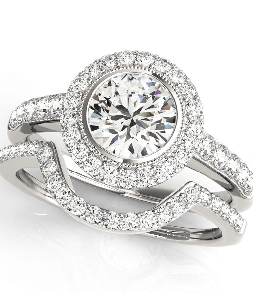 Wedding set of round halo diamond ring with milgrain design and a diamond wedding band in white gold