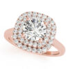 A double halo engagement ring with a large diamond centre piece set on a plain rose gold band placed against a white backdrop