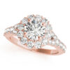 Rose gold round cut engagement ring in a halo setting with set of diamonds on upper shank