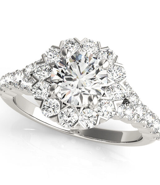 White gold round cut engagement ring in a halo setting with set of diamonds on upper shank