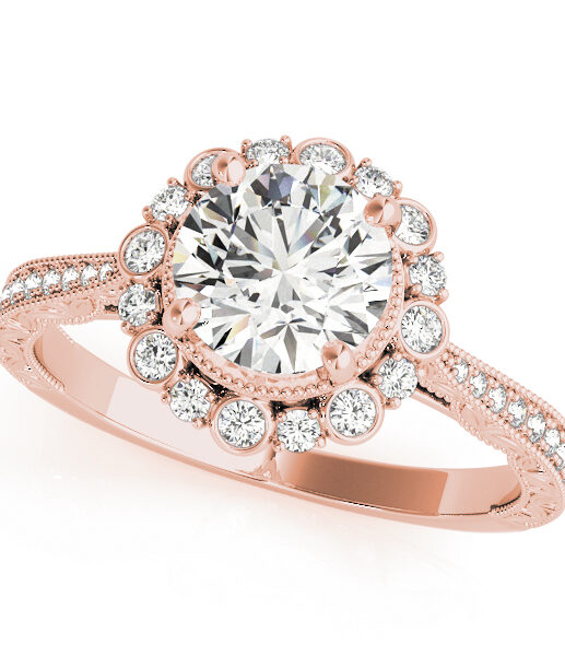 top view of a rose gold diamond round halo engagement ring