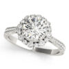 top view of a white gold diamond round halo engagement ring