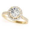 top view of a yellow gold diamond round halo engagement ring