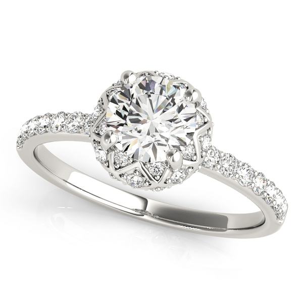 White Gold Halo Engagement Ring 51053-E top view of a white gold diamond star-like halo engagement ring with a number of side and accent stones