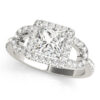A front view of a white gold 4 pronged princess style centre cut jewel engagement ring with a diamond engraved U-band.