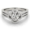 Front view of laying clover shaped pave halo engagement ring in three row bands with set of smaller diamonds in white gold