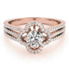 Front view of laying clover shaped pave halo engagement ring in three row bands with set of smaller diamonds in rose gold