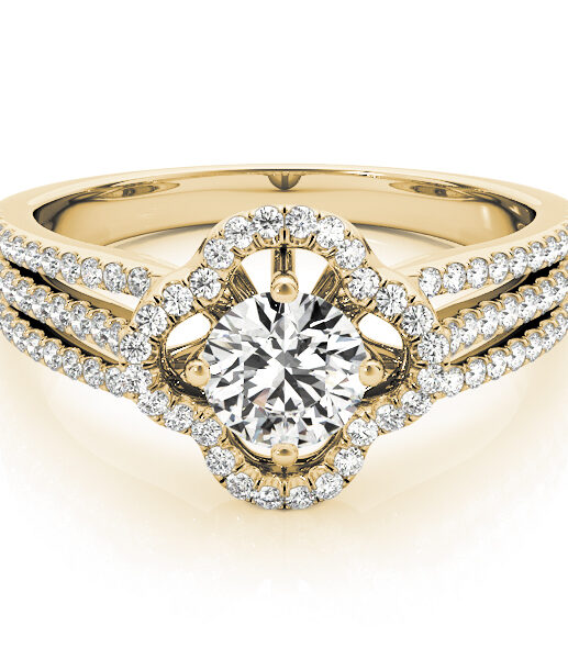 Front view of laying clover shaped pave halo engagement ring in three row bands with set of smaller diamonds in yellow gold