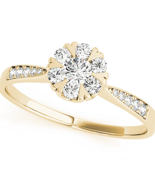 Top view of yellow gold round cut diamond ring with heart shaped prongs and intricate design on band