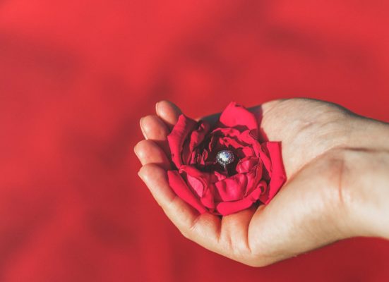 A hand holding a red rose with an engagement ring placed at the center of the rose.