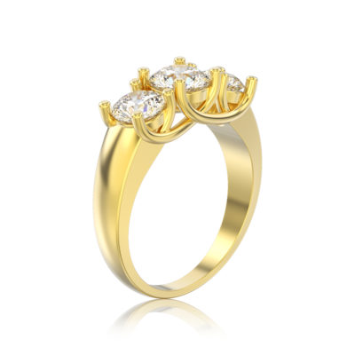 Yellow Gold Three-Stone Diamond Ring Yellow gold three stone engagement ring consist of a dimond at the center in between two smaller diamonds
