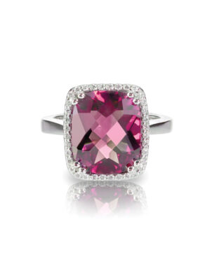 Pink tourmaline cushion cut halo engagement ring