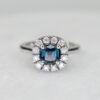 Custom Engagement Ring with White Gold Band & Cushion Cut Teal Sapphire with Diamond Halo