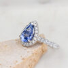 Custom Engagement Ring with Pear Cut Ceylon Sapphire, Diamond Halo and Diamond Band